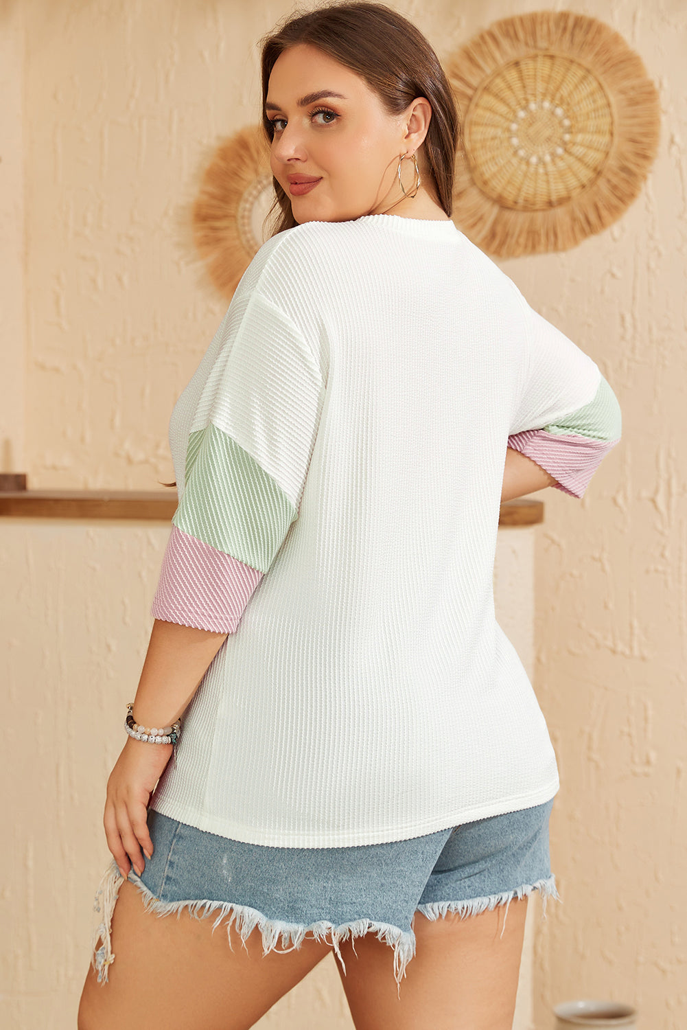 Iliana Patchwork Half Sleeve Plus Top - Threaded Pear