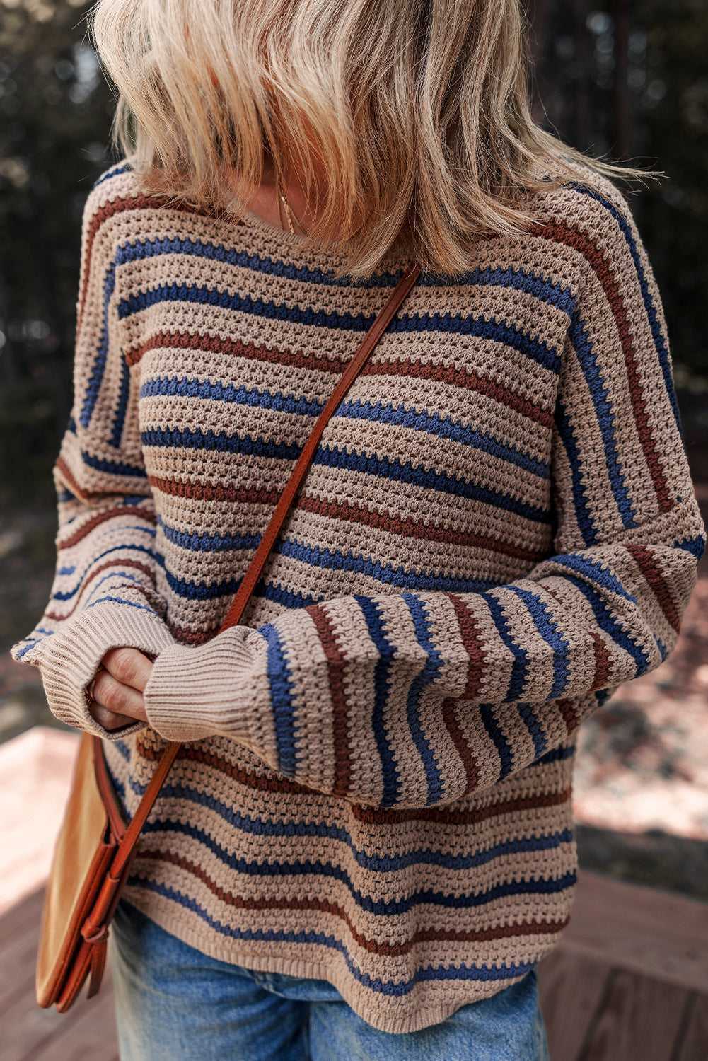 Emery Striped Knitted Drop Shoulder Round Neck Sweater - Threaded Pear