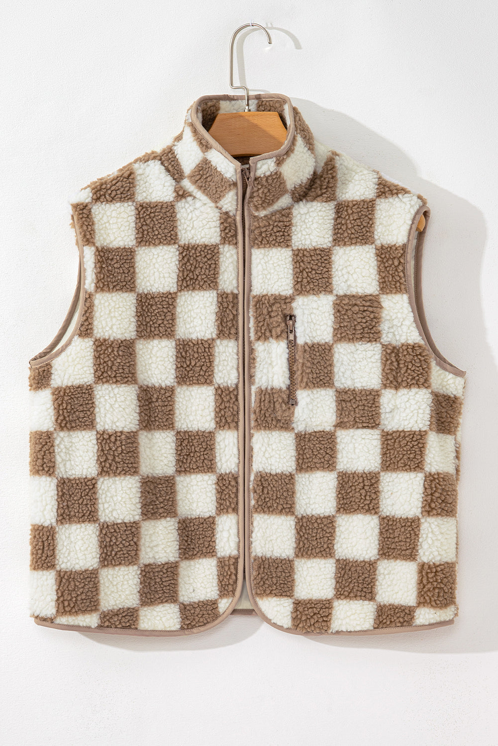 Mindi Checkered Sherpa Collared Jacket Vest - Threaded Pear