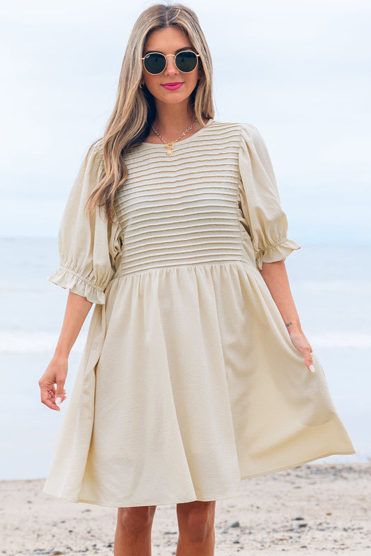 Dania Textured Ruffled Puff Sleeve Loose Dress - Threaded Pear