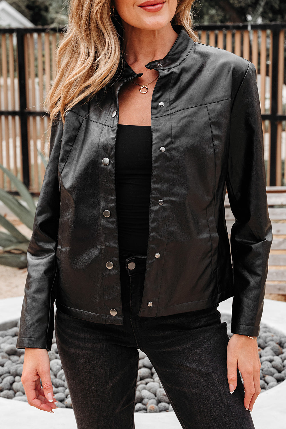 Olive Faux Leather Buttoned Front Boxy Jacket - Threaded Pear