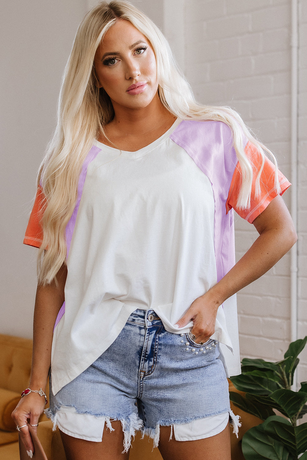 Rosalee V Neck Exposed Seam High Low Top - Threaded Pear