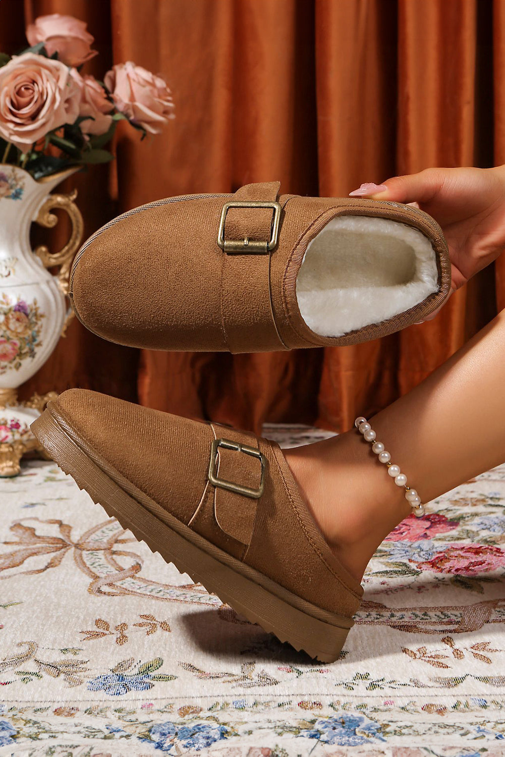Jasmine Faux Suede Buckle Strap Detail Winter Slippers - Threaded Pear