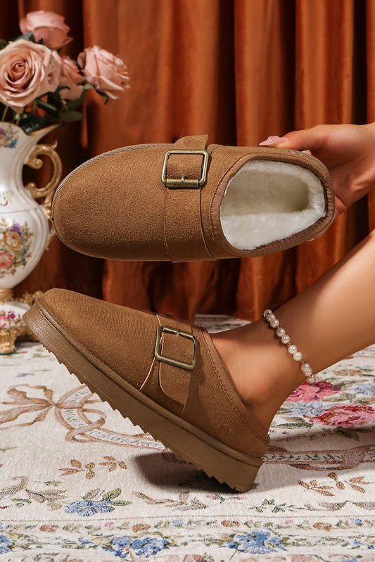 Jasmine Faux Suede Buckle Strap Detail Winter Slippers - Threaded Pear