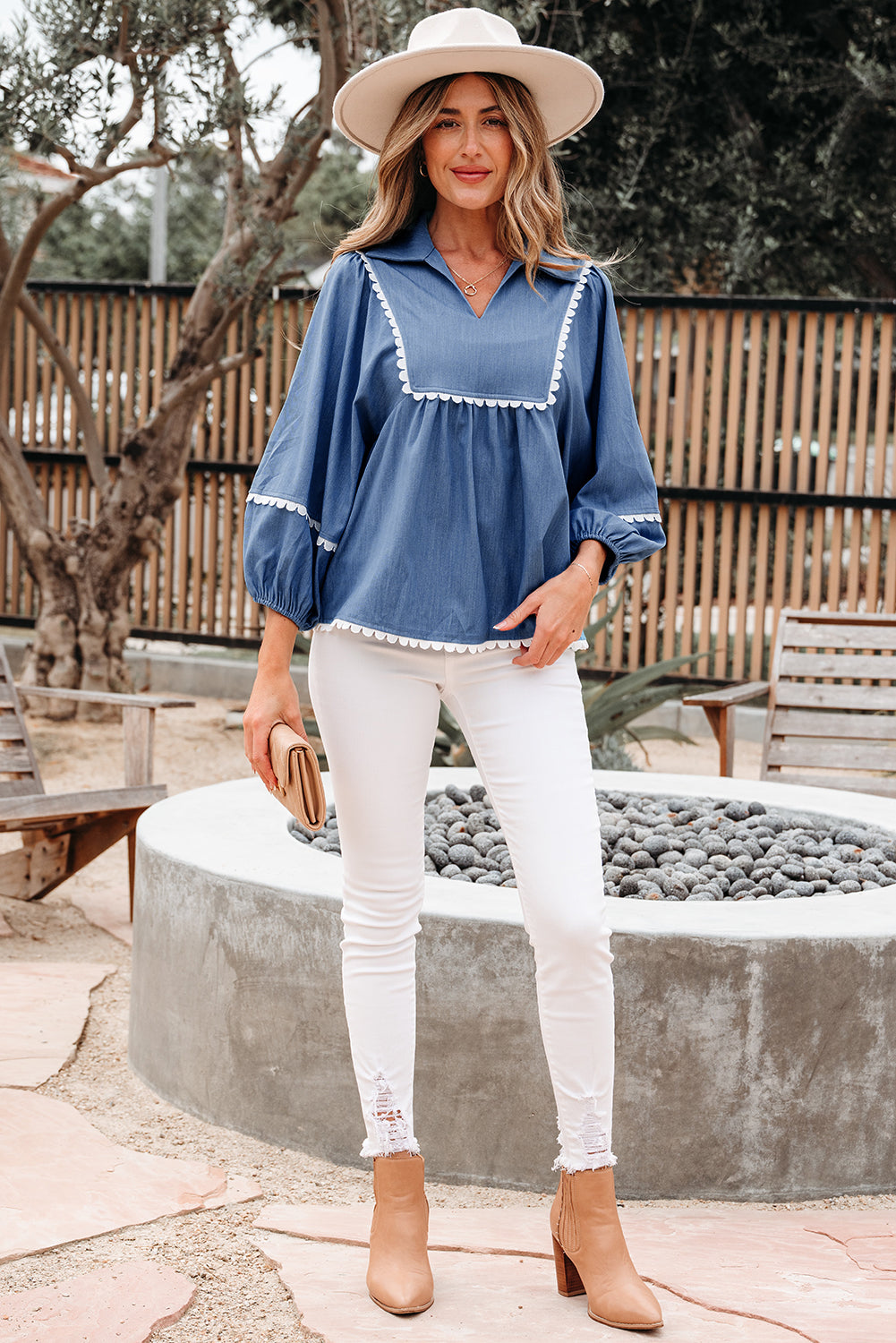 Nevaeh Lace Ric Rac 3/4 Puff Sleeve Collared Babydoll Blouse - Threaded Pear