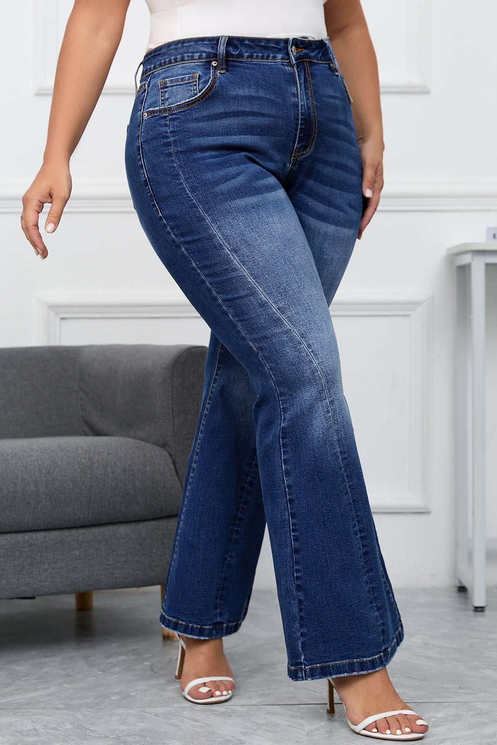 Aila Dark Blue Plus Size Stitching Flare Jeans - Threaded Pear