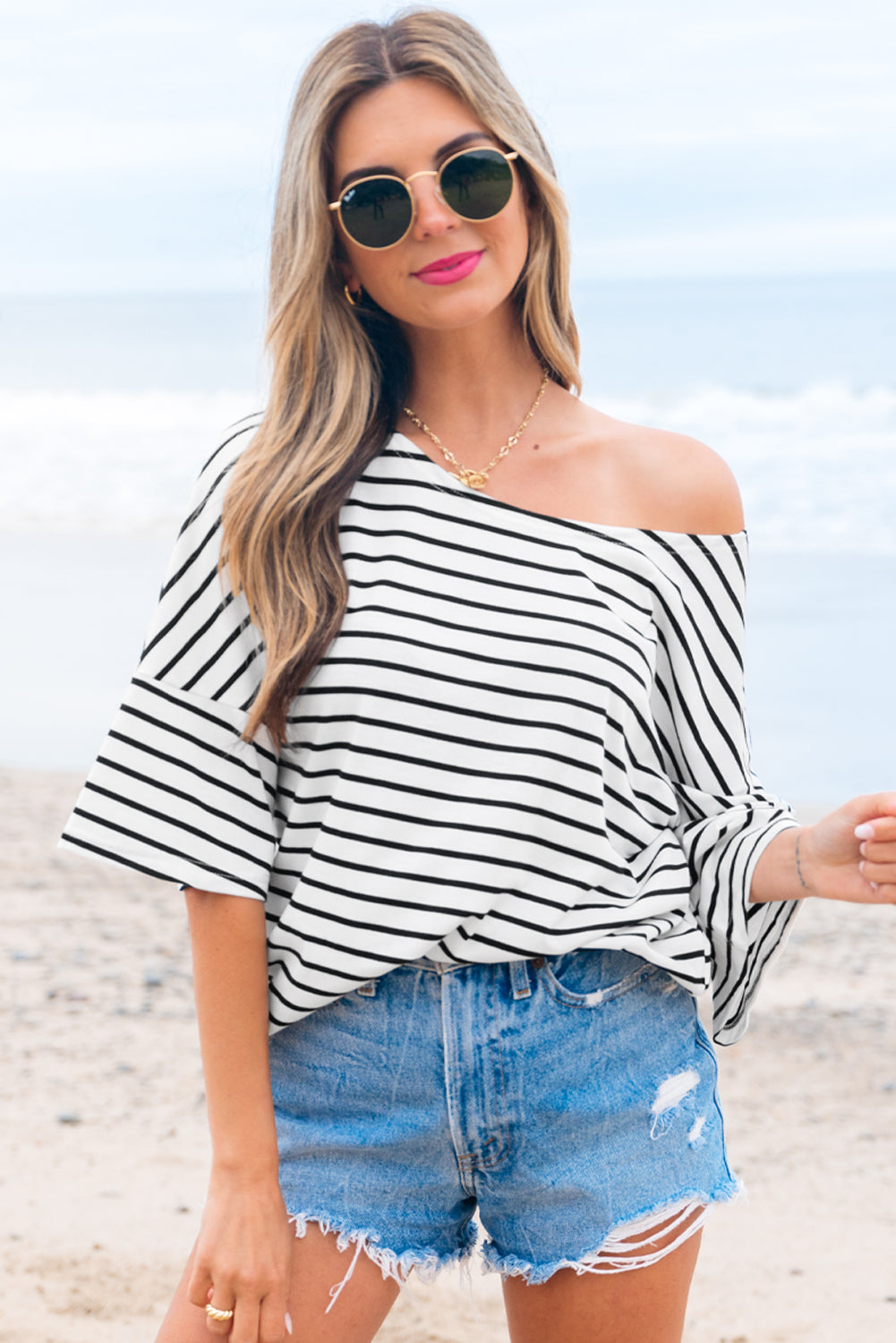Lilia Stripe Half Sleeve Scoop Neck Loose Top - Threaded Pear
