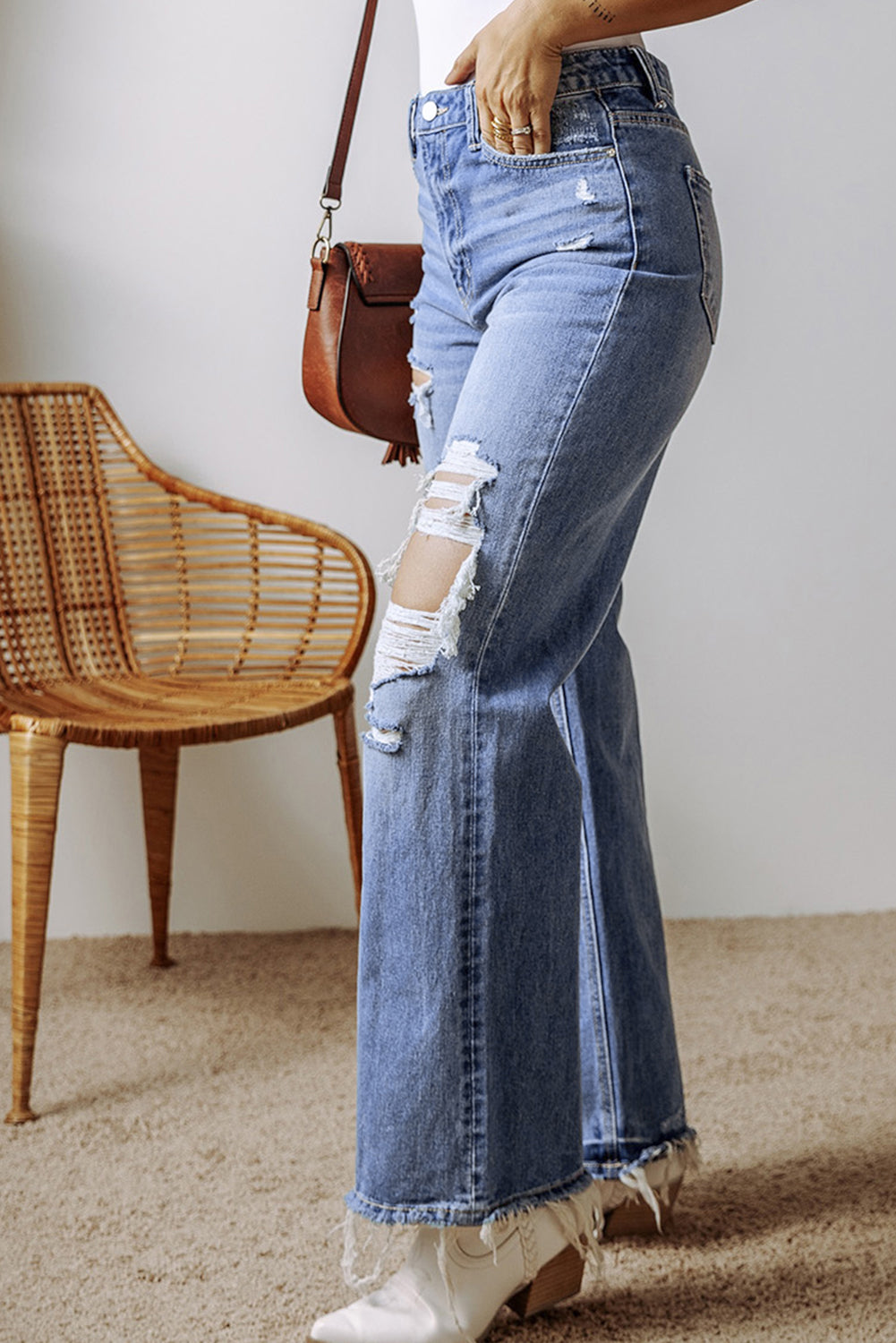 Madilyn Distressed Raw Hem Straight Leg High Waist Jeans - Threaded Pear
