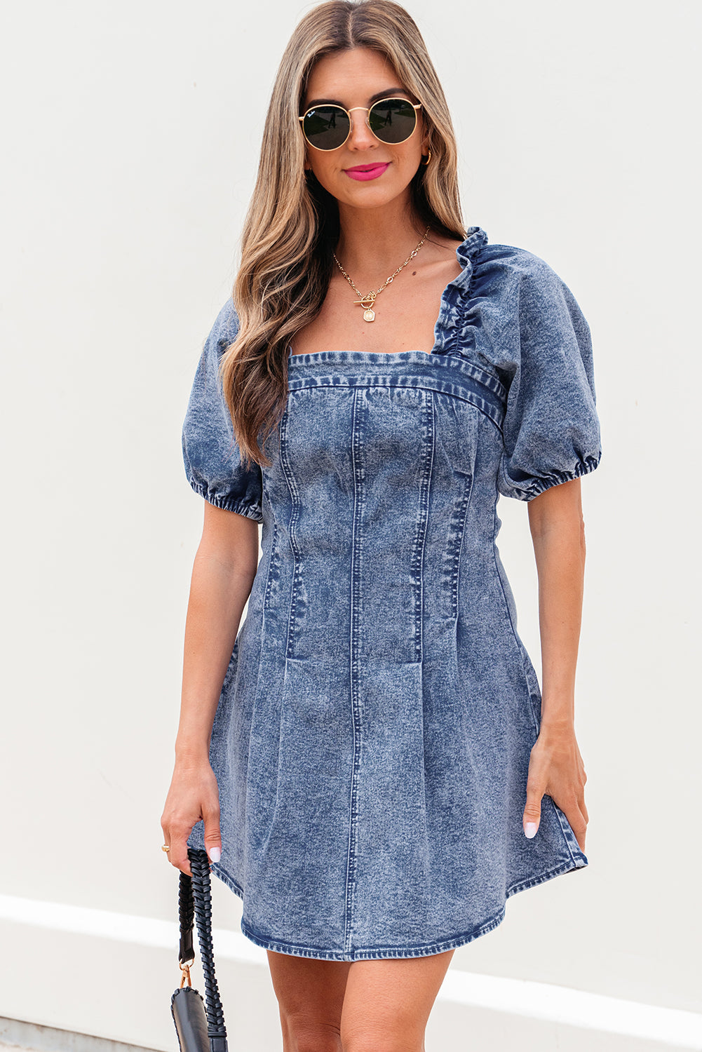 Celia Square Neck Bustier Puff Sleeve Short Denim Dress - Threaded Pear