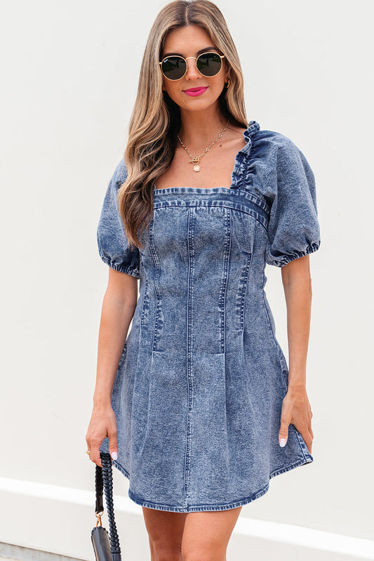 Celia Square Neck Bustier Puff Sleeve Short Denim Dress - Threaded Pear