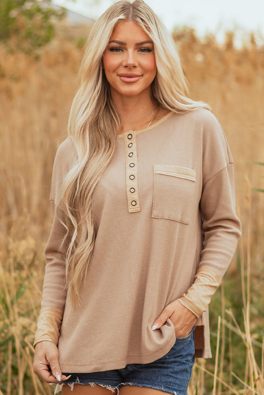 Blake Waffle Textured Tunic Henley Top with Slits - Threaded Pear