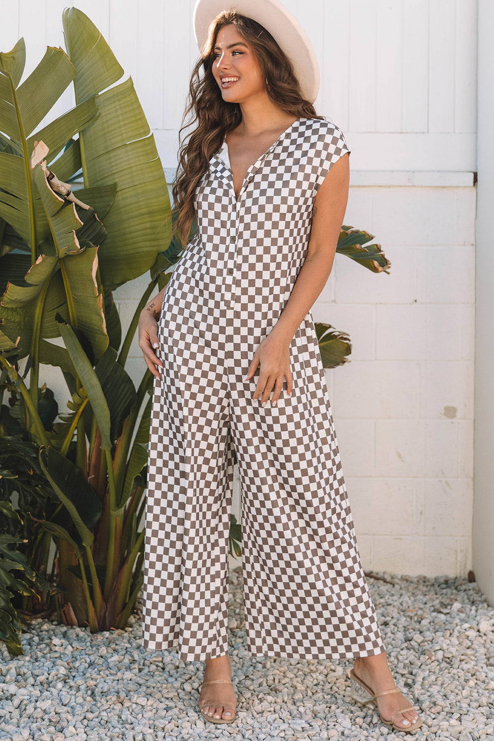 Paisley Checkered Buttoned Crew Neck Wide Leg Jumpsuit - Threaded Pear