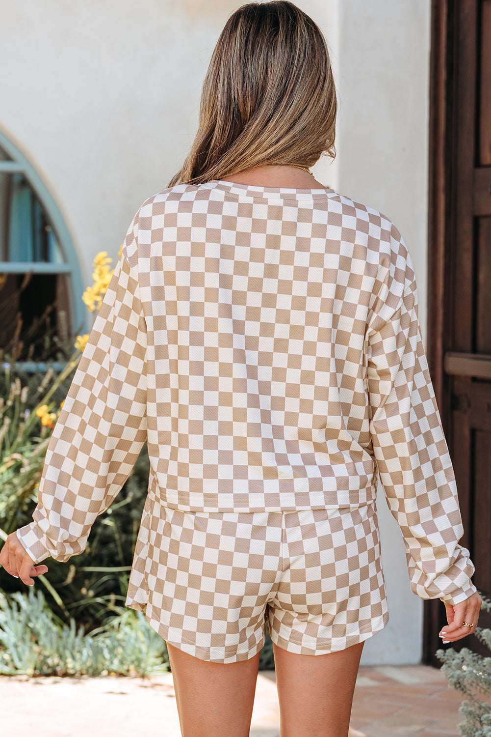 Emily Checkered Long Sleeve High Waist Skort 2pcs Set - Threaded Pear