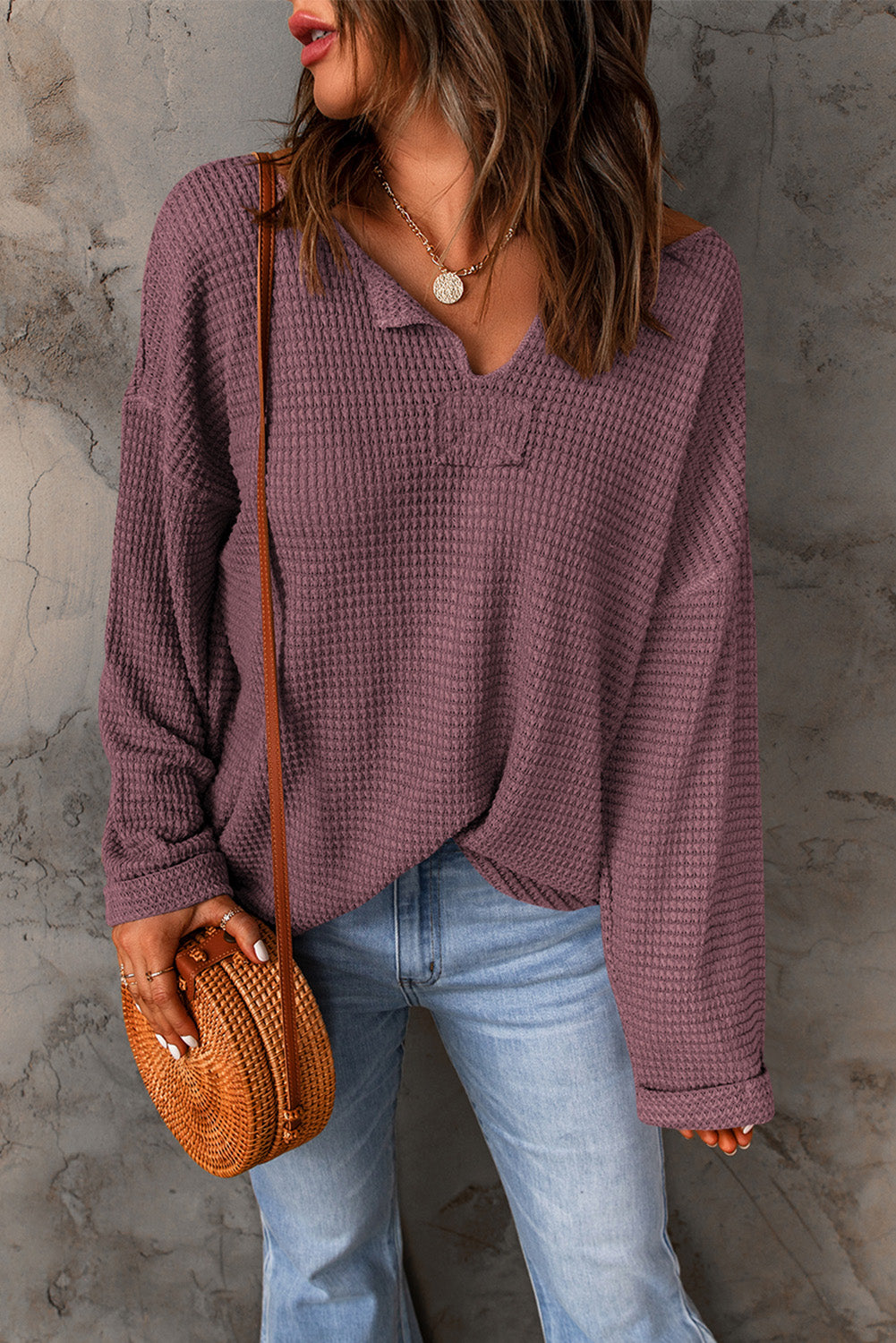 Evelyn Waffle Knit Loose Long Sleeve Top - Threaded Pear