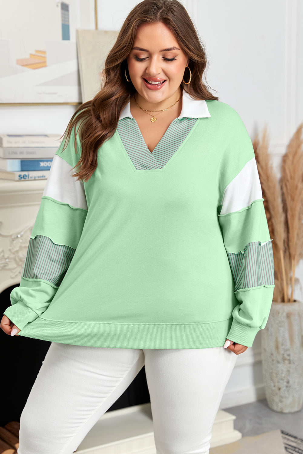 Moonlight Jade Color Block Striped Patchwork Collar V Neck Plus Size Sweatshirt - Threaded Pear