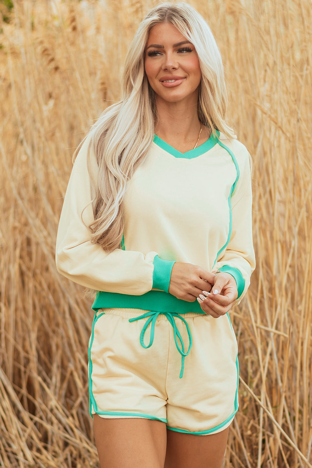 Wren Long Sleeve Pullover and Drawstring Shorts Outfit - Threaded Pear