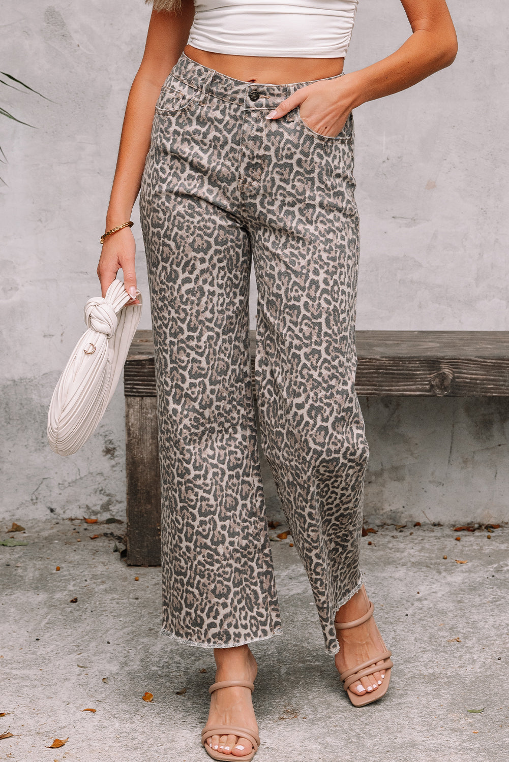 Brianna Leopard Frayed Edge Wide Leg High Waist Jeans - Threaded Pear