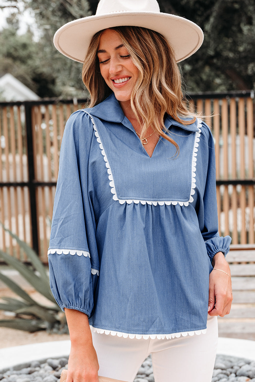 Nevaeh Lace Ric Rac 3/4 Puff Sleeve Collared Babydoll Blouse - Threaded Pear