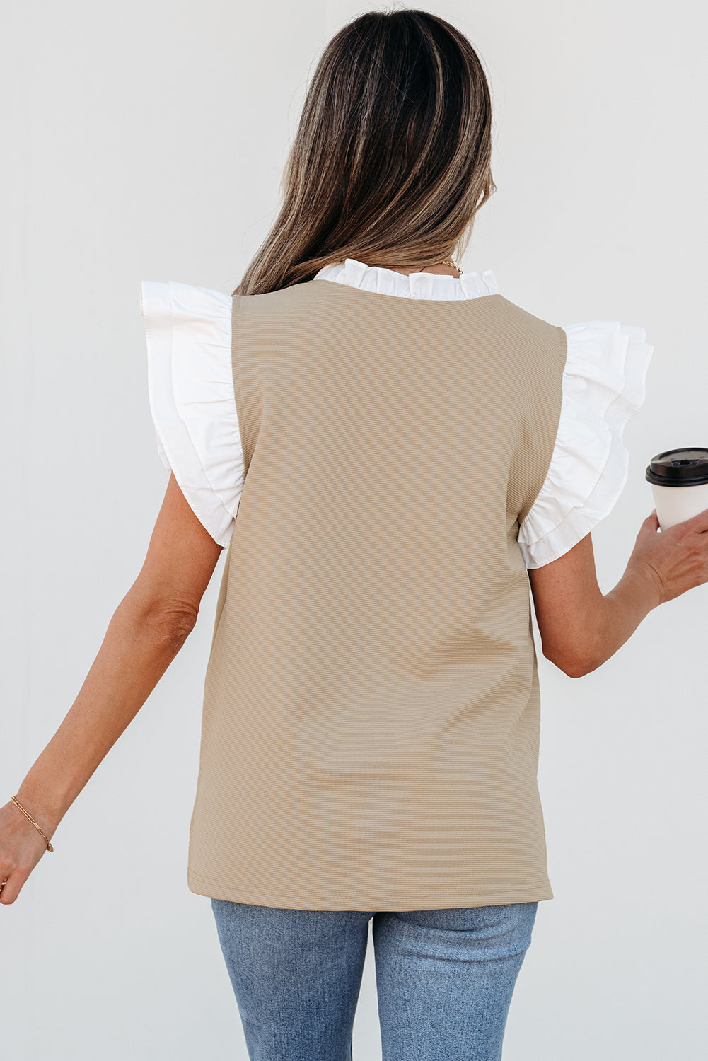 Serena Contrast V Neck Ruffled Textured Knit Top - Threaded Pear