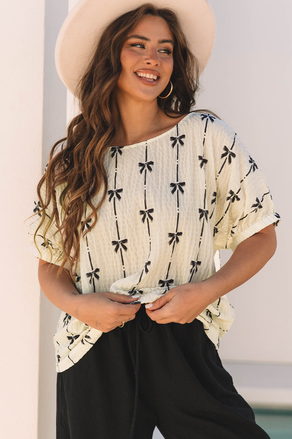 Aviana Bow Print Puff Short Sleeve Top - Threaded Pear