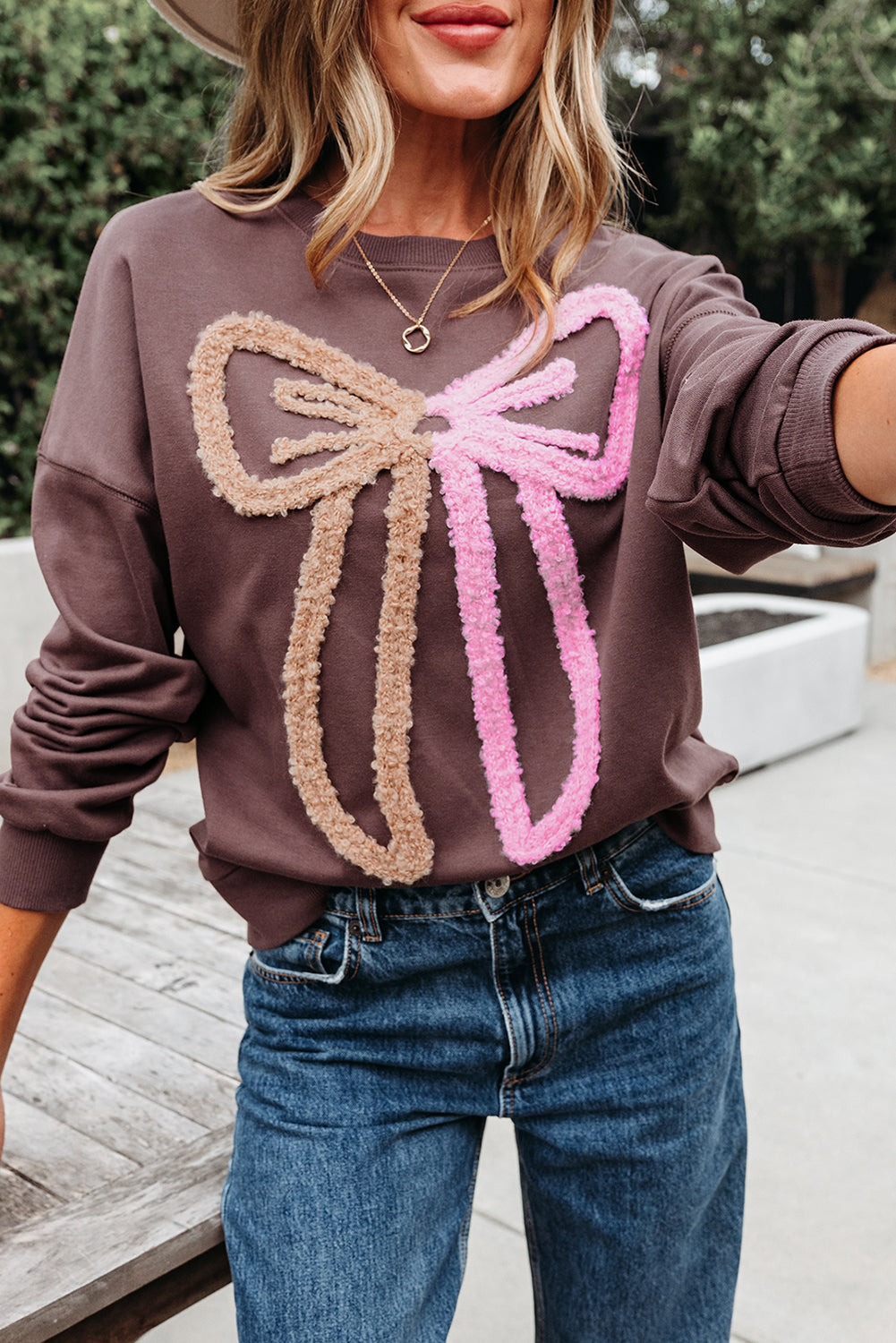 Callie Terry Bow Pattern Drop Shoulder Sweatshirt - Threaded Pear