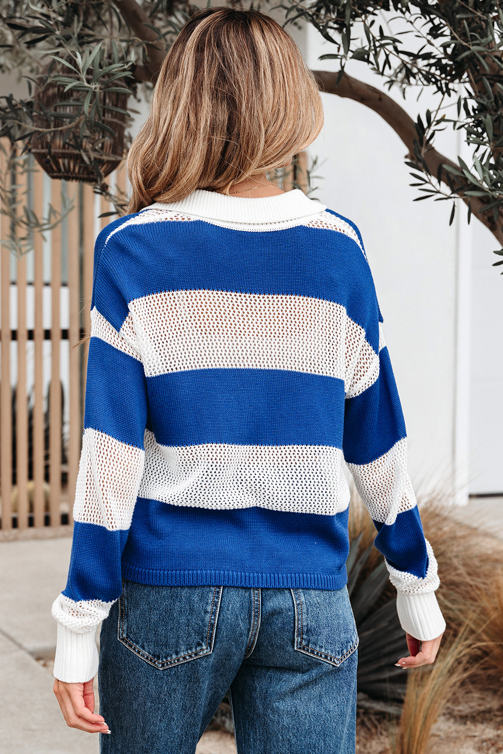 Genevieve Stripe Collar Eyelet Crochet Knitted Sweater - Threaded Pear