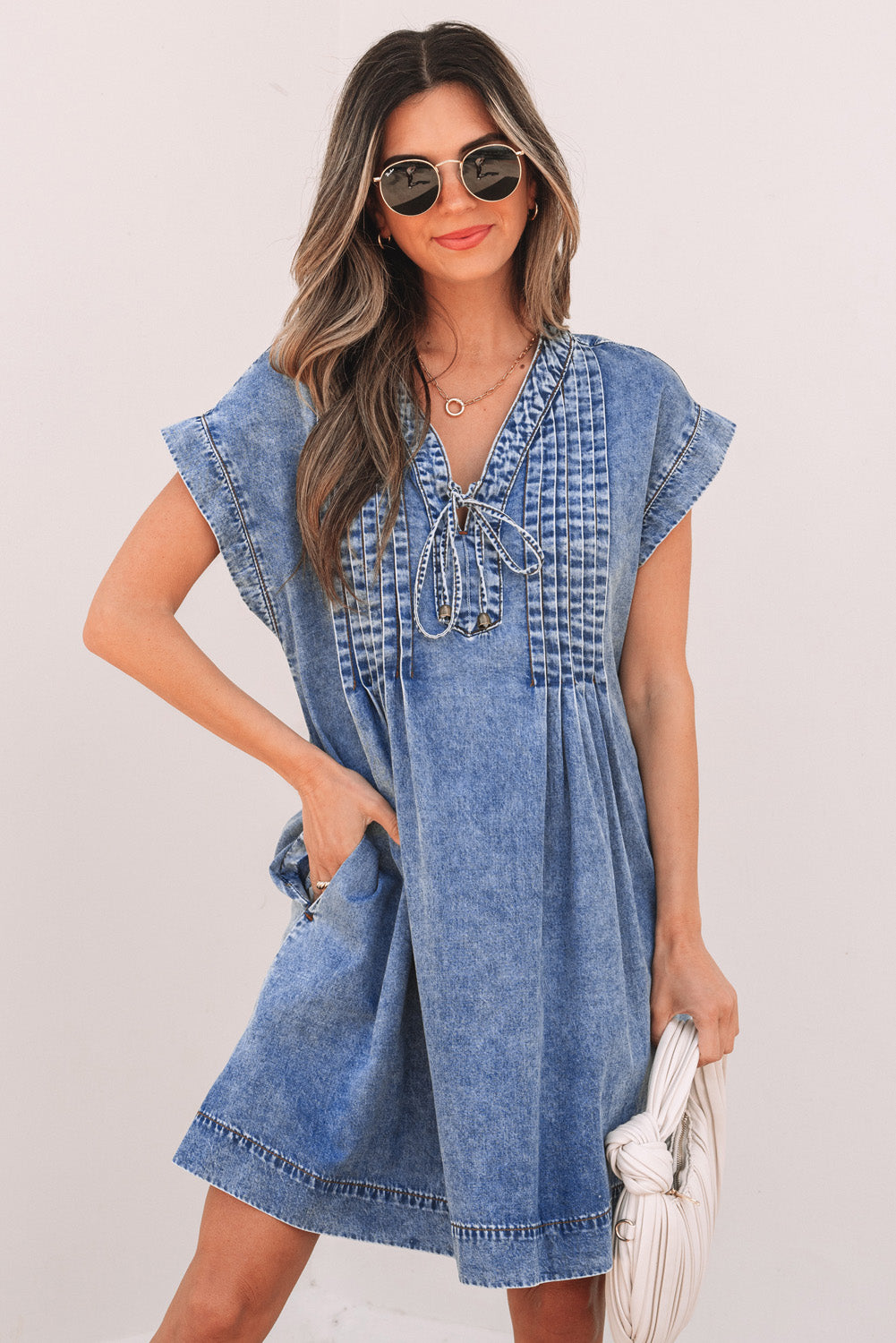 Jacqueline Tie V Neck Denim Shift Dress - Threaded Pear