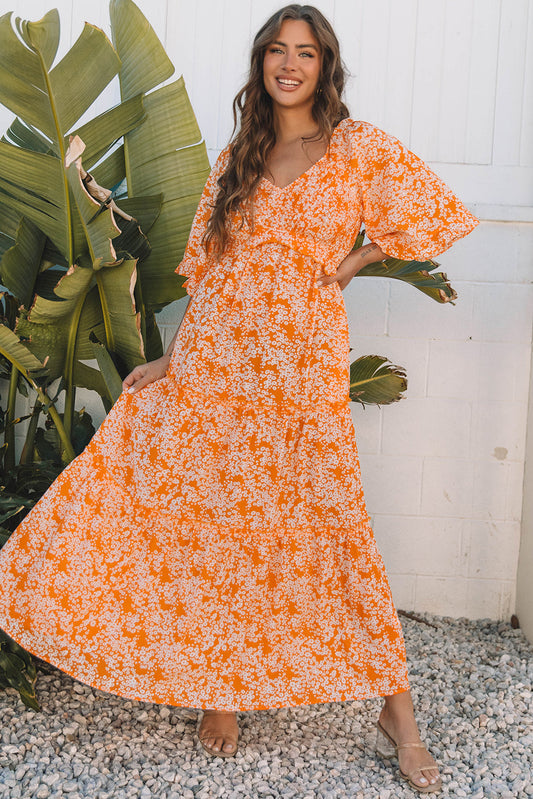 Eileen Floral V Neck Wide Sleeve Maxi Dress - Threaded Pear