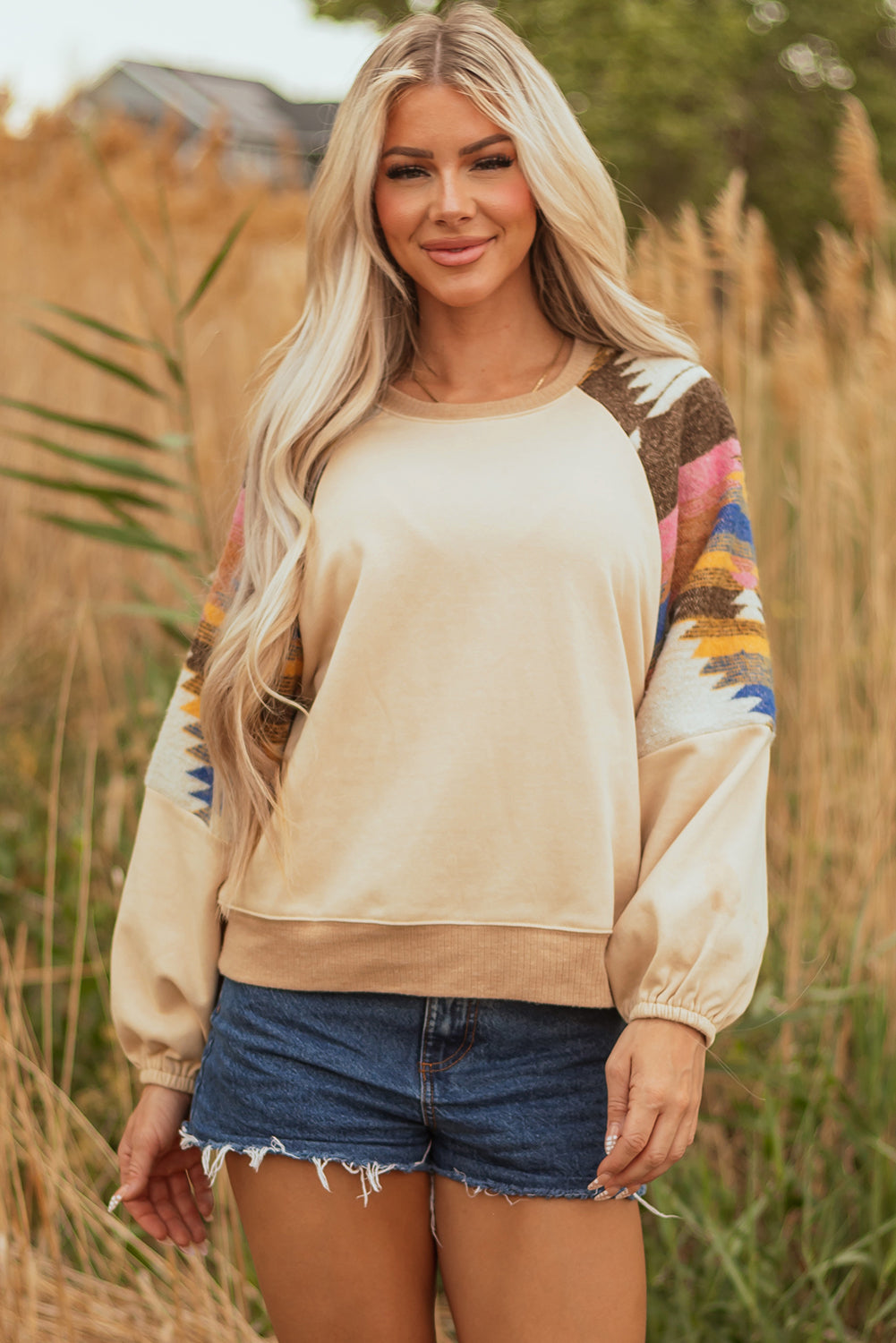 Logan Aztec Patchwork Raglan Pullover Sweatshirt - Threaded Pear