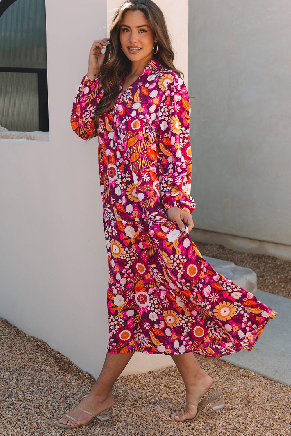 Alina Collared Tiered Long Dress - Threaded Pear