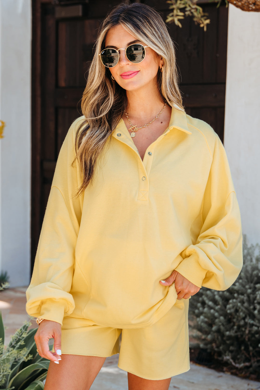 Kylie Button Collar Drop Shoulder Pullover and Shorts 2pcs Outfit - Threaded Pear