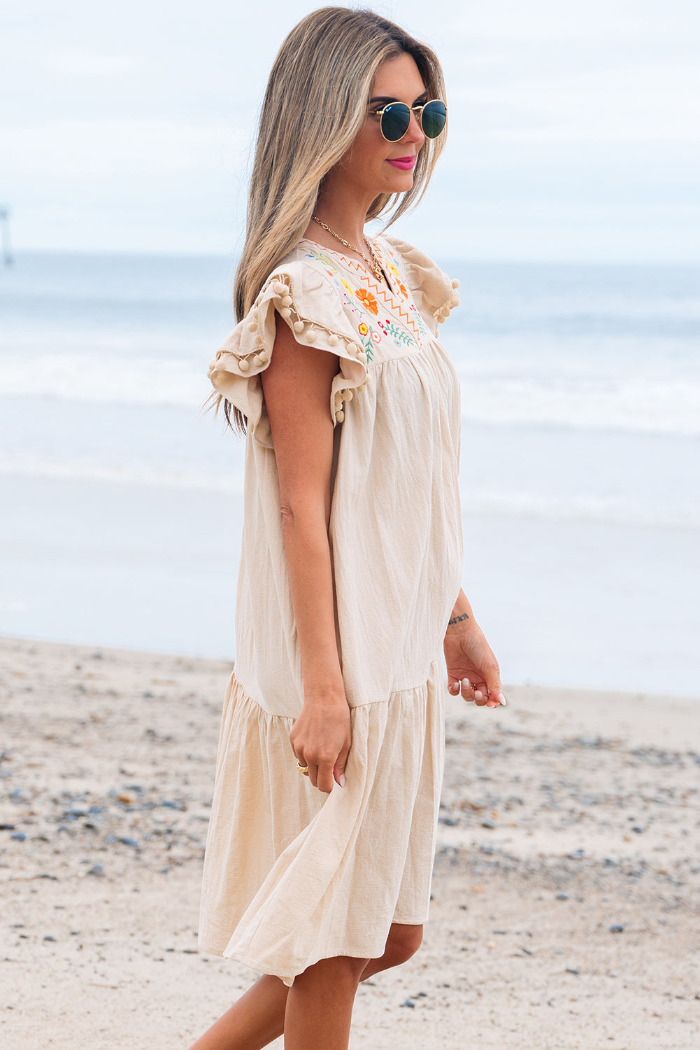 Meredith Embroidery Split Neck Short Dress - Threaded Pear