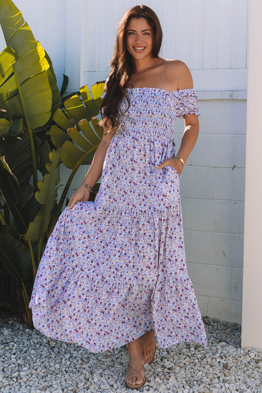 Lacey Floral Short Bubble Sleeve Maxi Dress - Threaded Pear