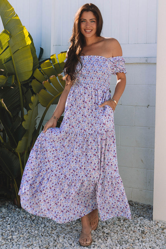 Lacey Floral Short Bubble Sleeve Maxi Dress - Threaded Pear