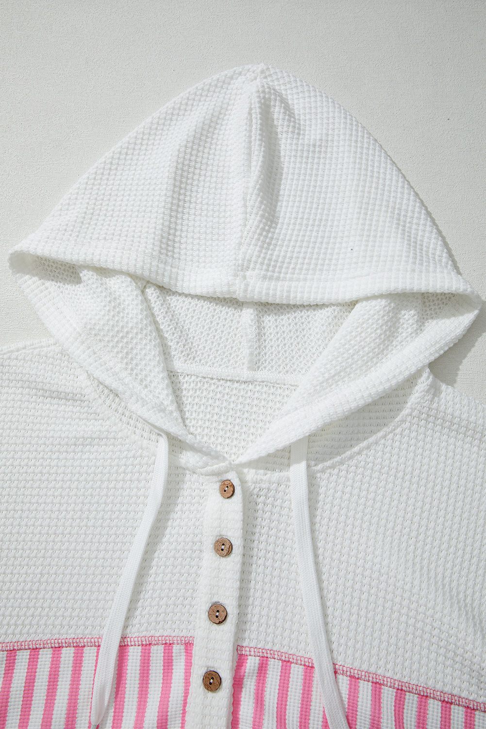 Pink Stripe Leopard Patchwork Waffle Knit Buttoned Plus Size Hoodie - Threaded Pear