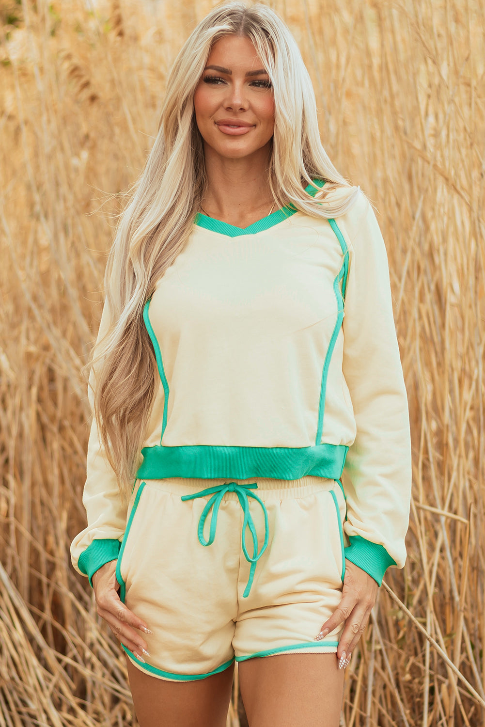 Wren Long Sleeve Pullover and Drawstring Shorts Outfit - Threaded Pear