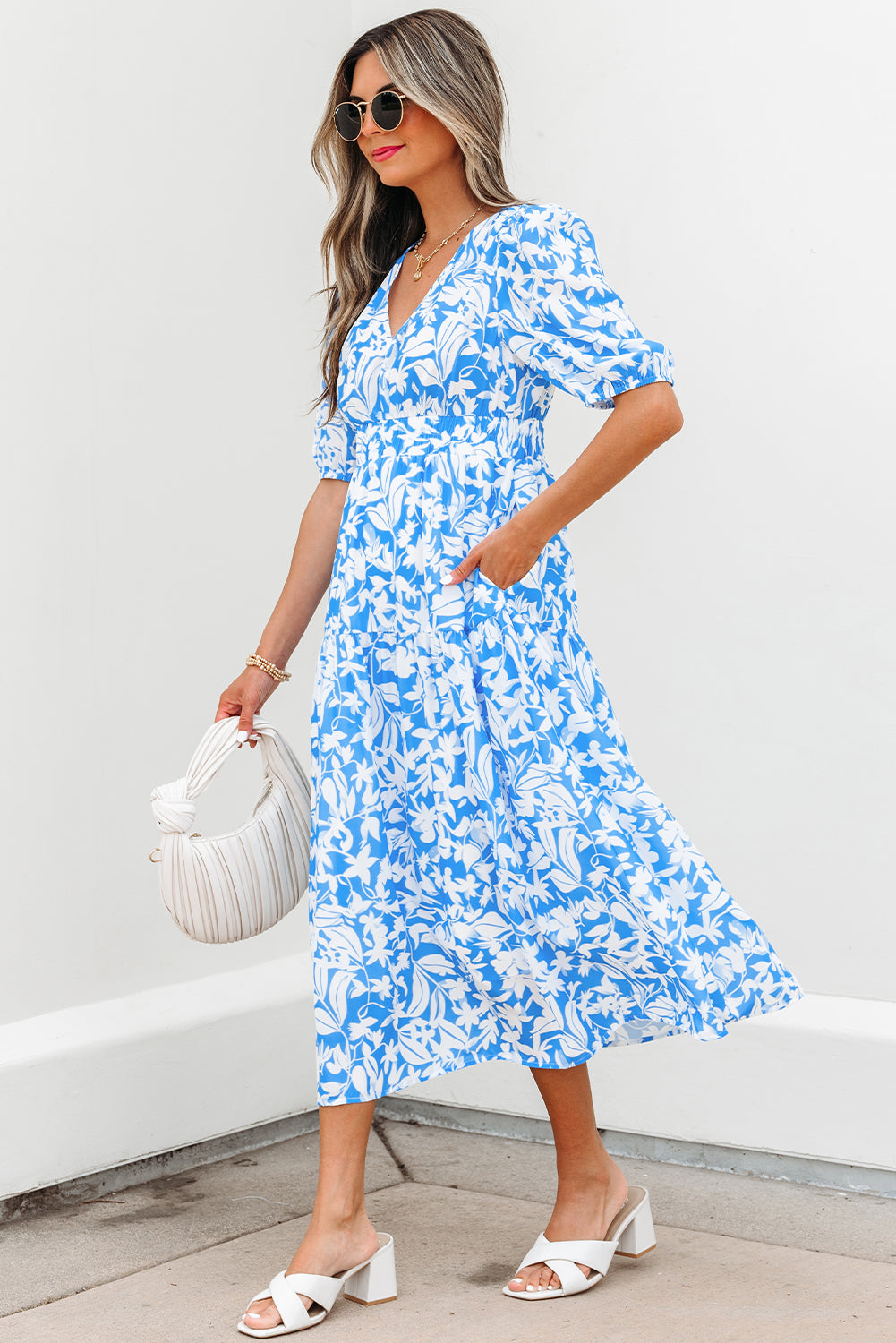 Shannon Floral V Neck Long Dress - Threaded Pear