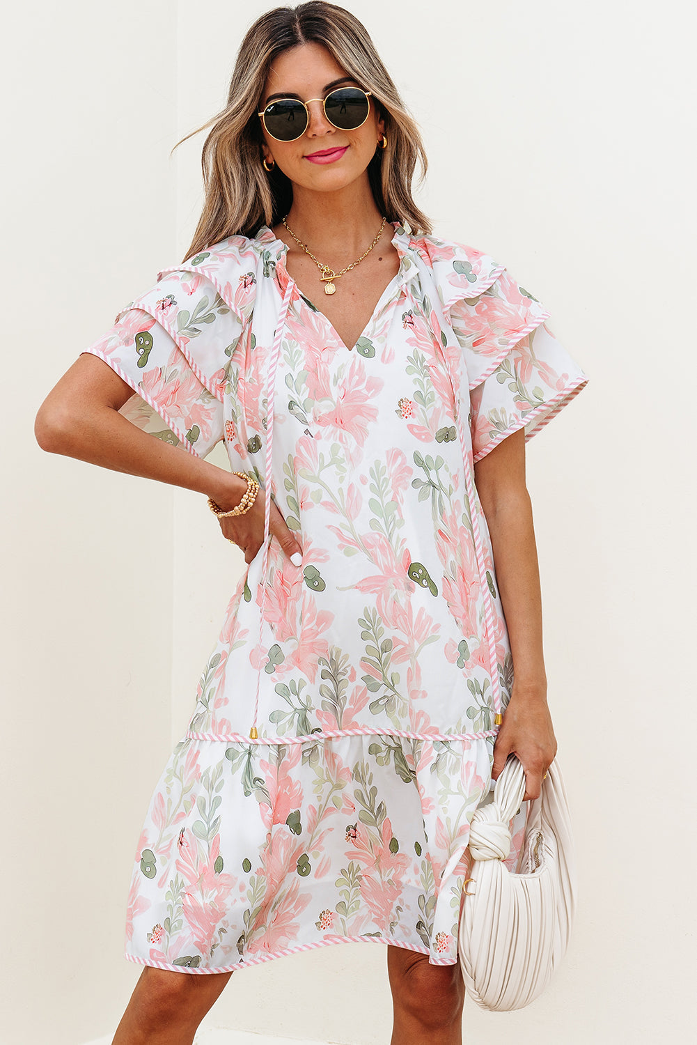 Madalyn Floral Contrast Edge Layered Short Sleeve Mini Dress - Threaded Pear
