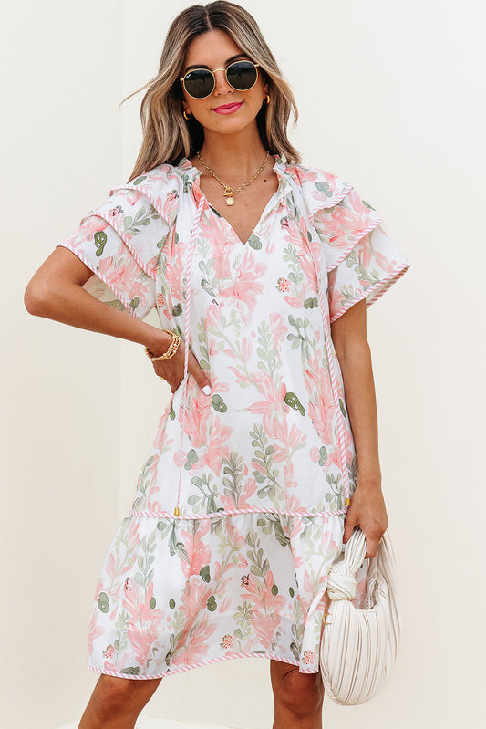 Madalyn Floral Contrast Edge Layered Short Sleeve Mini Dress - Threaded Pear