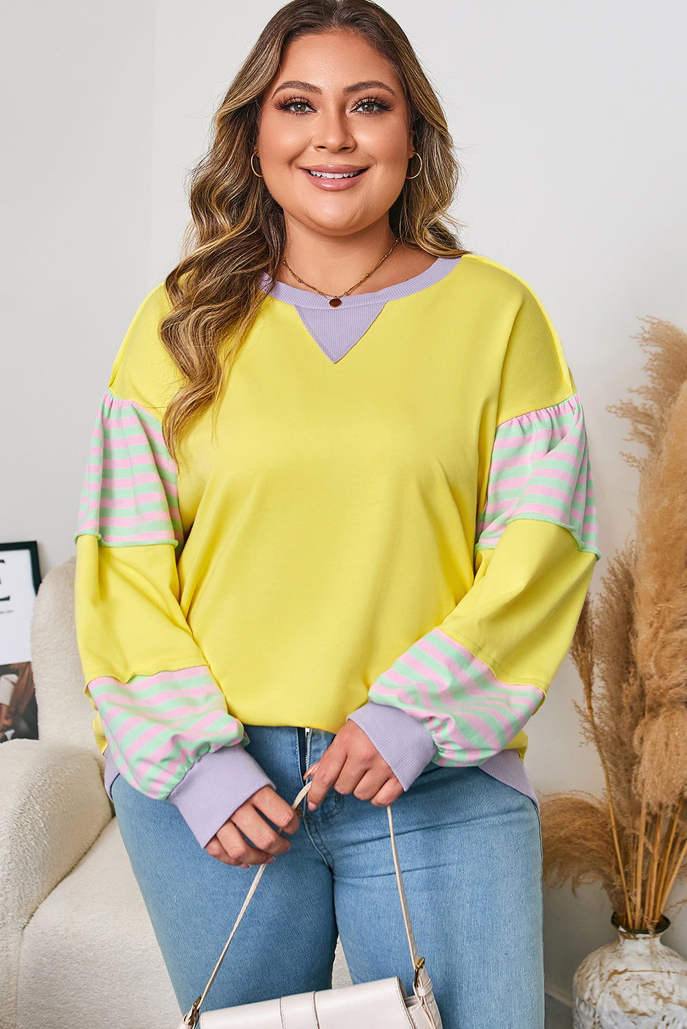 Yellow Striped Color Block Patchwork Crewneck Plus Size Pullover Sweatshirt - Threaded Pear