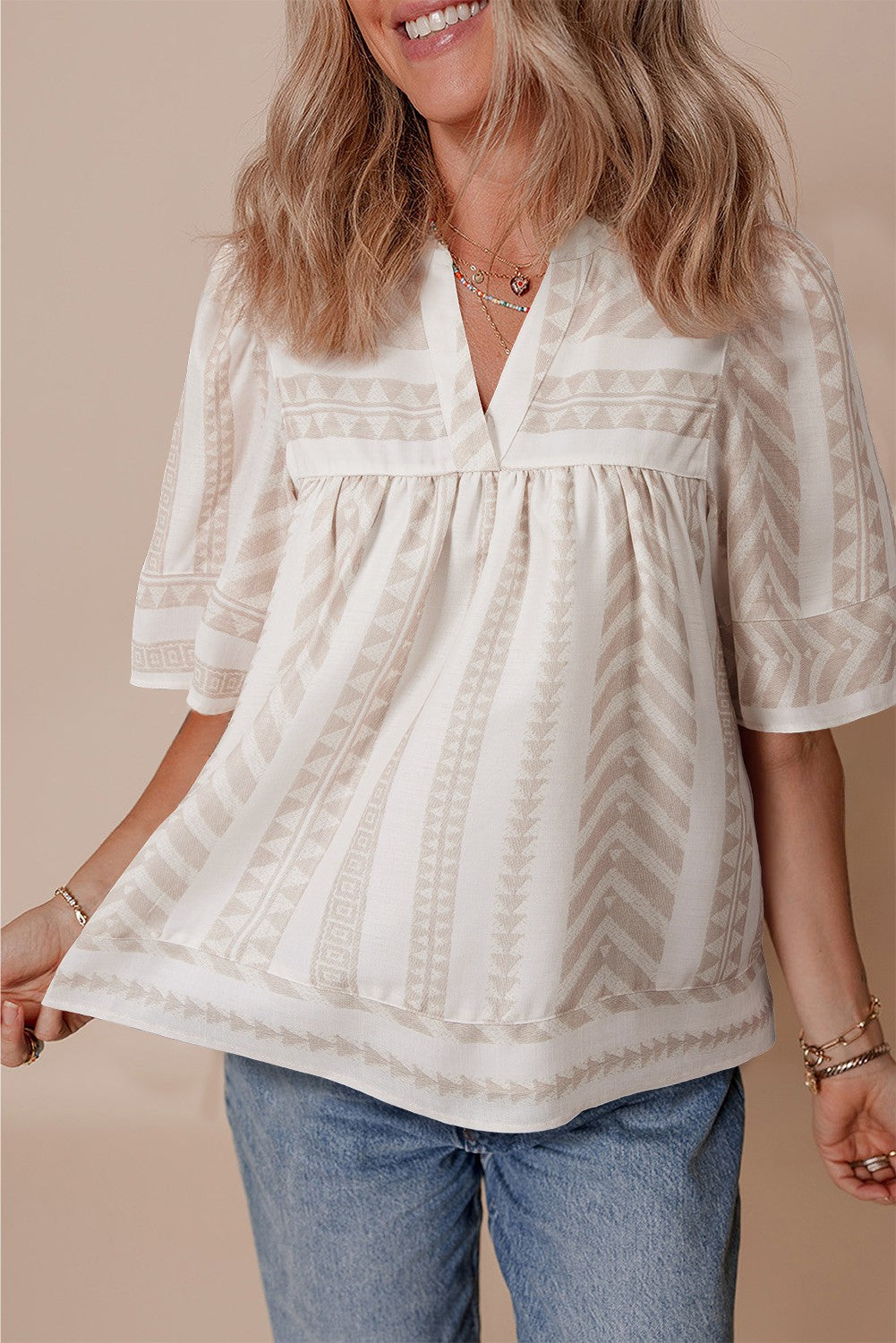 Analia Jacquard Split V Neck Short Sleeve Blouse - Threaded Pear