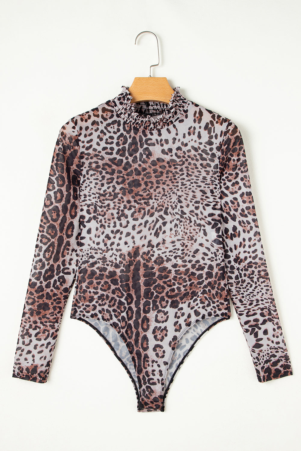 Leopard Smocked Neck Mesh Long Sleeve Bodysuit - Threaded Pear