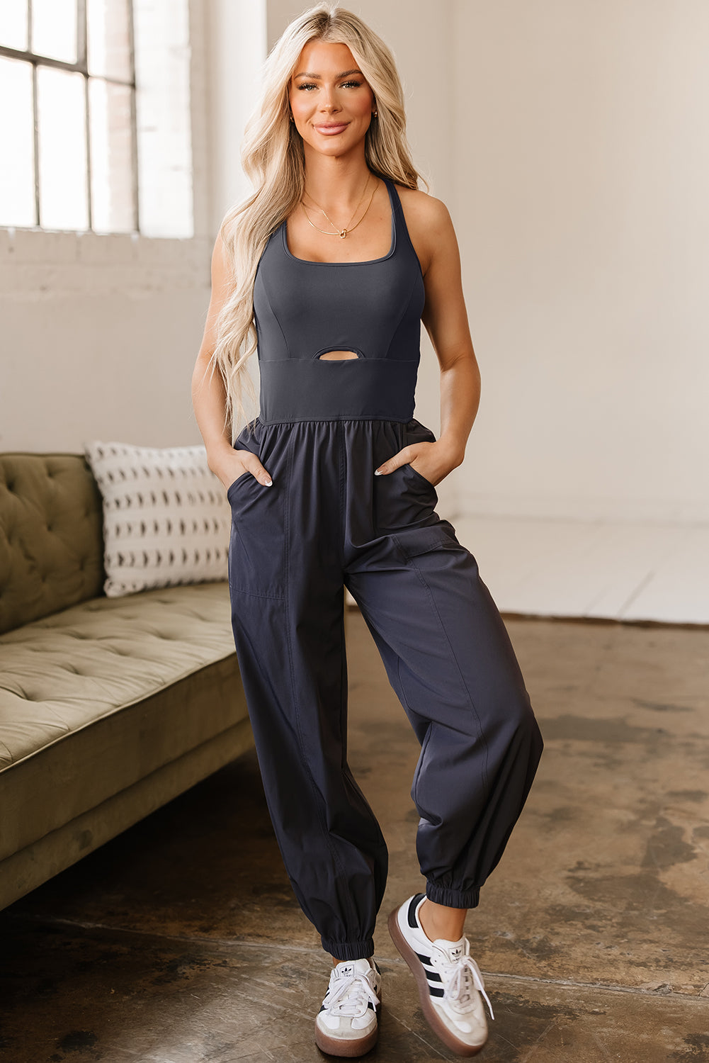 Avianna Back Crossed Straps Hollow Out Jogger Jumpsuit - Threaded Pear
