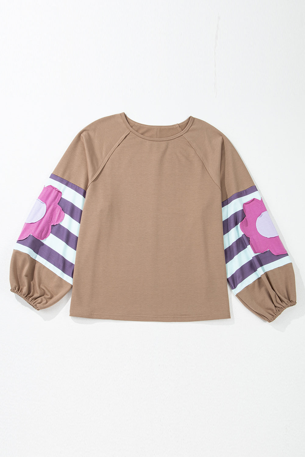 Light French Beige Flower Striped Patchwork Puff Sleeve Loose PLUS Sweatshirt - Threaded Pear