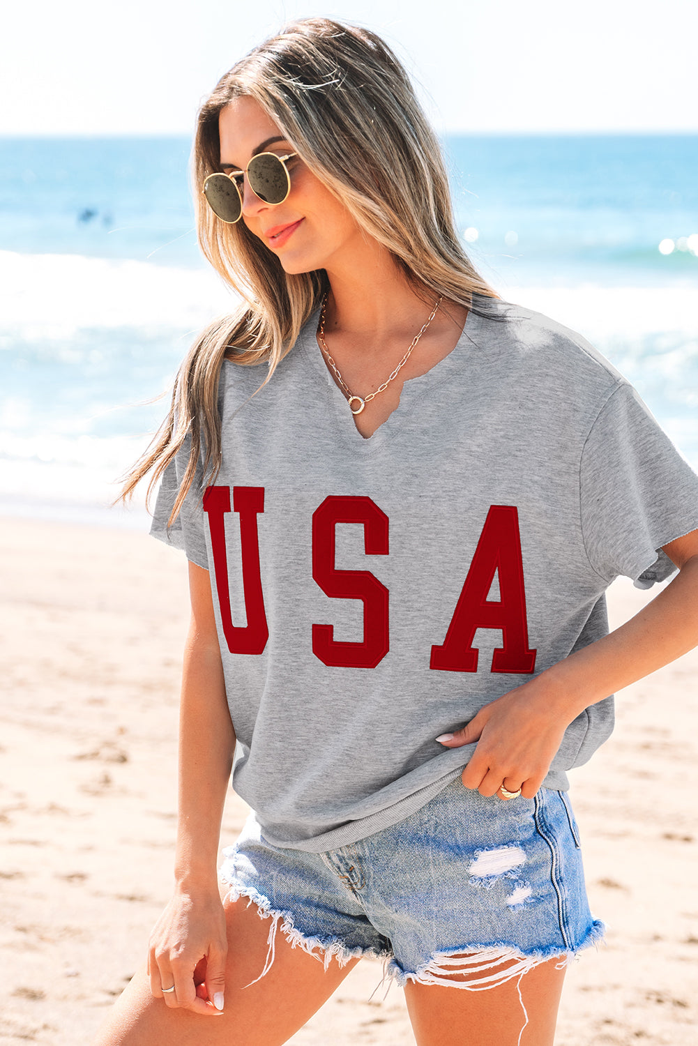 USA Patch Notched Neck Loose Tee - Threaded Pear