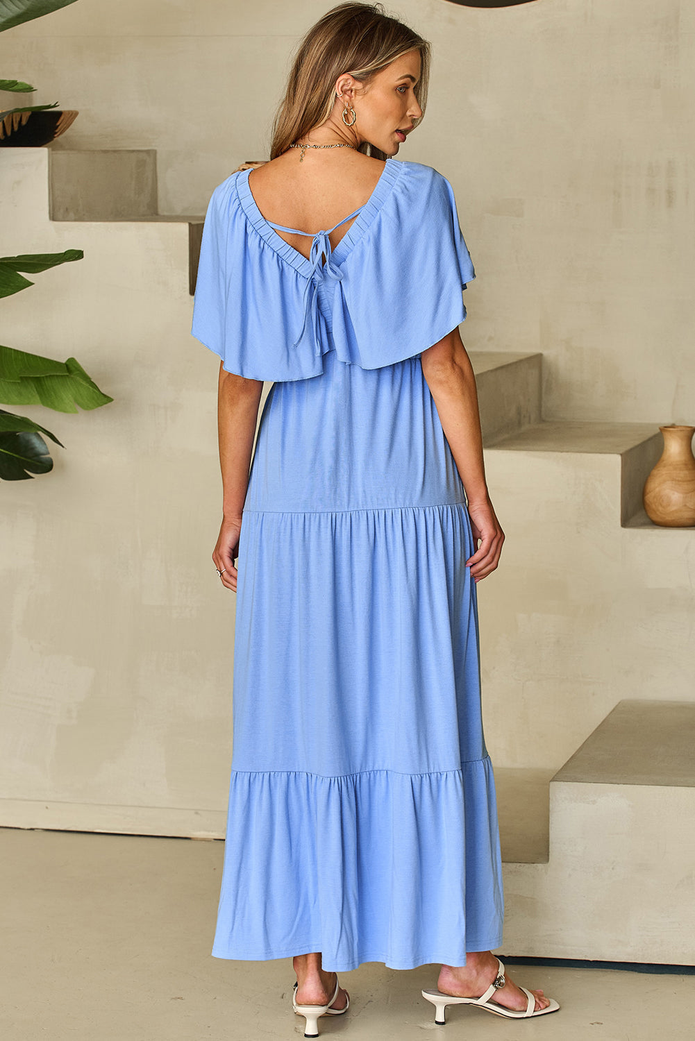 Kelsey Textured Flutter Sleeve Ruffled Maxi Dress - Threaded Pear