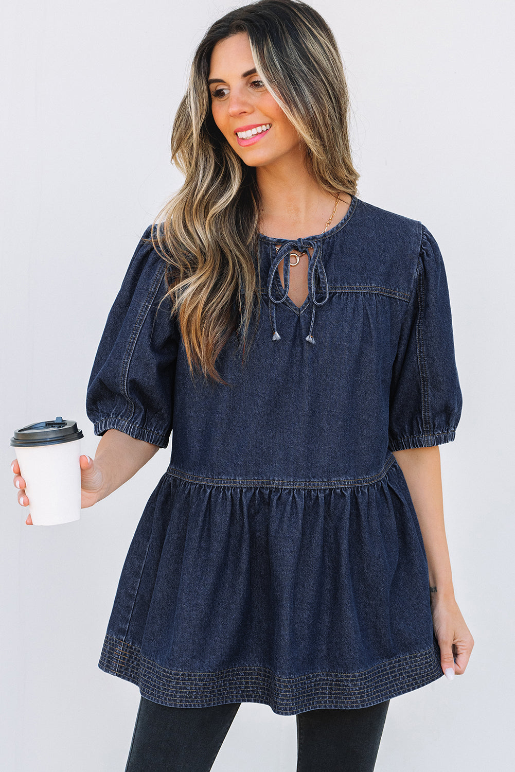 Gracelyn Puff Sleeve Lace-up Neckline Denim Blouse - Threaded Pear