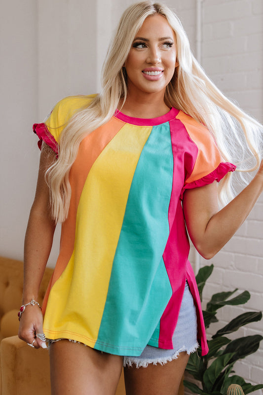 Stormi Color Block Ruffled Crew Neck Loose Fit Top - Threaded Pear