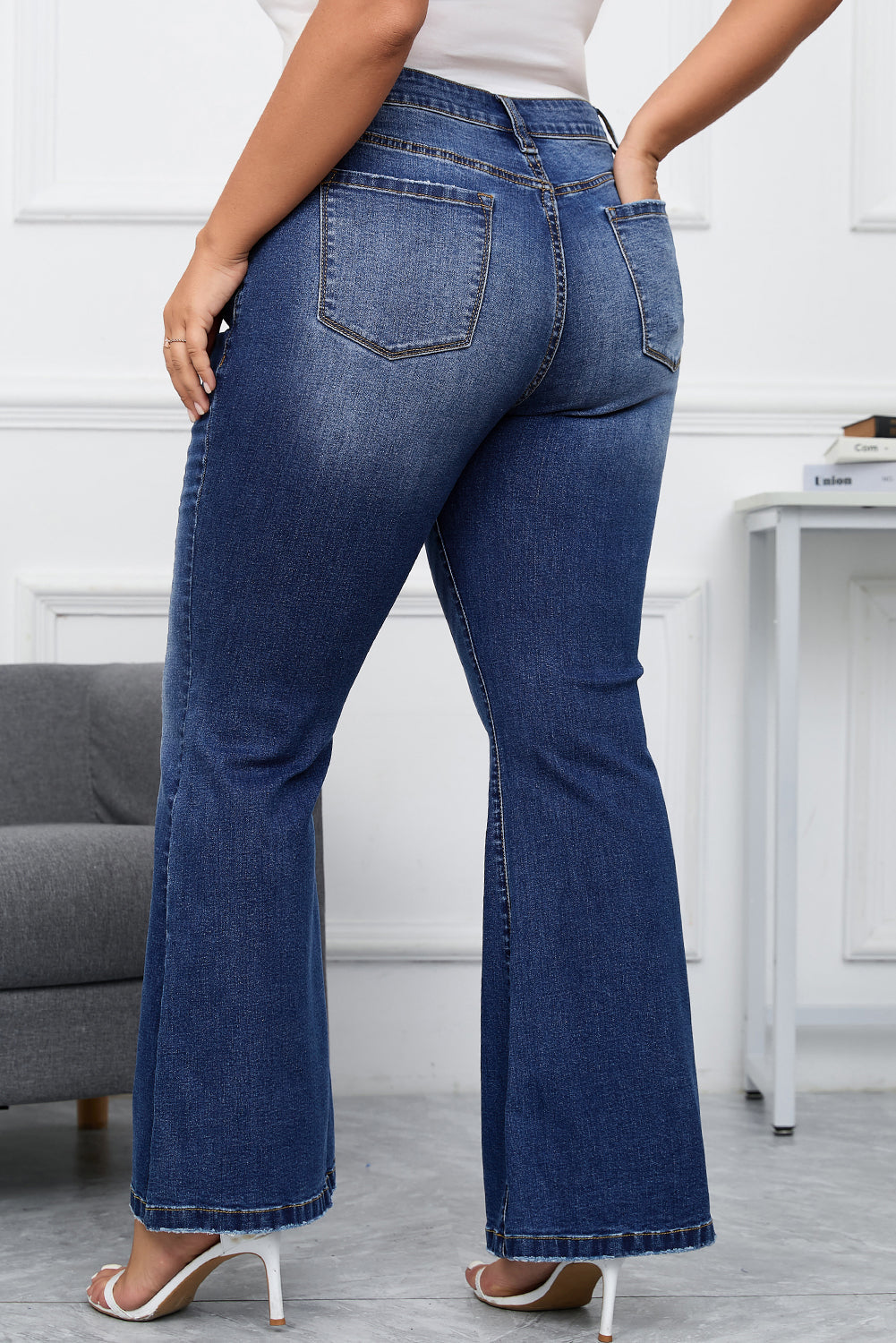 Aila Dark Blue Plus Size Stitching Flare Jeans - Threaded Pear