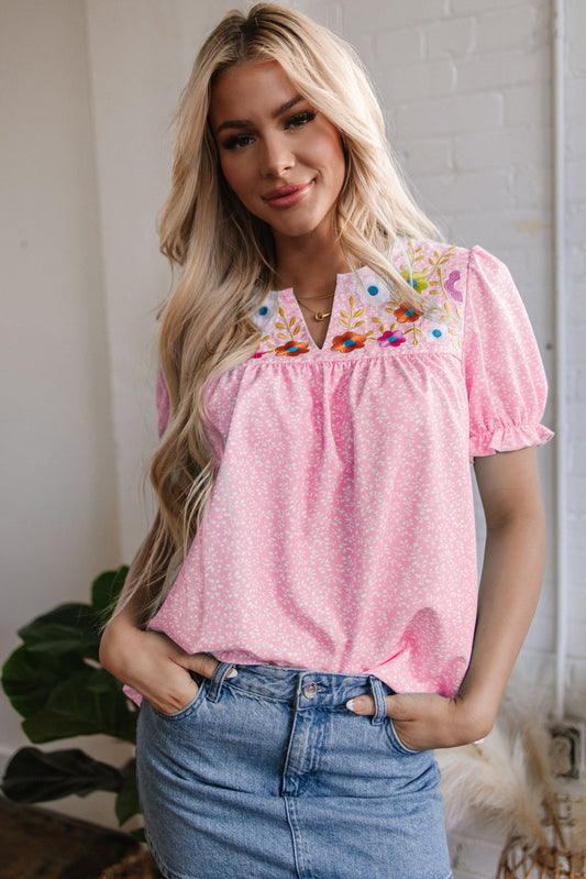 Hadlee Floral Embroidered V Neck Blouse - Threaded Pear
